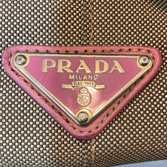 Prada, beige canvas Monogram tote with pink leather bow and trim.  173-H4g - Picture 11 of 15